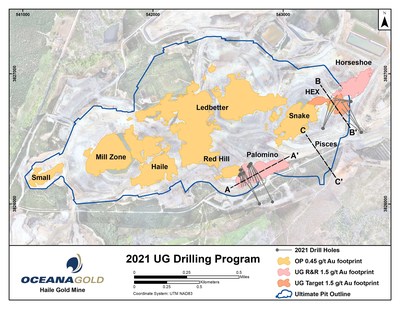 Figure 1. Plan view of the Haile Gold Mine with the reserve pit outline open pit and underground mineralisation footprints and 2021 drill hole traces (CNW Group/OceanaGold Corporation) Photo_Asset_1