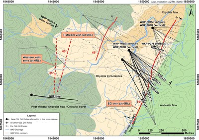 Figure 2: Wharekirauponga Plan View of Geology, Drill Traces and Distribution of 3 Main Veins (CNW Group/OceanaGold Corporation) Figure 2: Wharekirauponga Plan View of Geology, Drill Traces and Distribution of 3 Main Veins (CNW Group/OceanaGold Corporation)