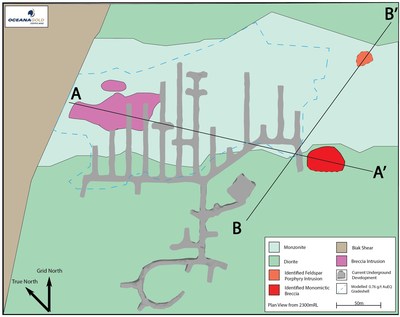 Figure 7: Plan view of underground development and lithologic units a 2,300 mRL (CNW Group/OceanaGold Corporation) Figure 7: Plan view of underground development and lithologic units a 2,300 mRL (CNW Group/OceanaGold Corporation)