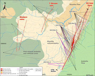 WKP plan view of geology and drill traces highlighting the EG vein Zone, T-Stream vein, and Western veins, and drill platform locations. (CNW Group/OceanaGold Corporation) WKP plan view of geology and drill traces highlighting the EG vein Zone, T-Stream vein, and Western veins, and drill platform locations. (CNW Group/OceanaGold Corporation)