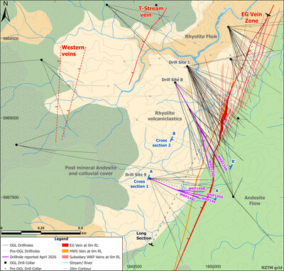 Figure 1: Wharekirauponga plan view of geology and drill traces highlighting the EG Vein zone, T-Stream Vein, and Western Veins, and drill platform locations (CNW Group/OceanaGold Corporation) Figure 1: Wharekirauponga plan view of geology and drill traces highlighting the EG Vein zone, T-Stream Vein, and Western Veins, and drill platform locations (CNW Group/OceanaGold Corporation)